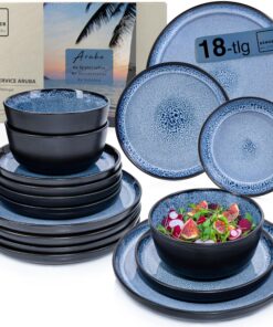 SÄNGER Aruba Steingut Geschirr SetVALUE COLLECTION 6 Personen, 18 Tlg. blau Schwarz Rand kratzfest Tafelbesteck