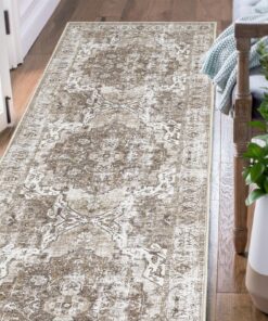 TOPICK Rutschfester Läufer 60x240cm Braun für Wohnzimmertauglich Vintage Blumendruck Waschbar Bodenbelag OEKO-TEX STANDA