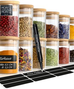 Moritz & Moritz Dekollierte Gewürzdosen Glas 125ml - Luftdichte Gläser für Gewürze, Kräuter & Tee - inkl. Tafelsticker &