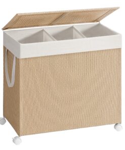 SONGMICS HOME Wäschekorb 3 Fächer für Waschküche und Badezimmer mit Rollen und Deckel, naturbeige-mattweiß LCB602N01