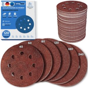 EffektWerk Schleifscheiben für Profis (120er-Pack, 8 Löcher), 125 mm Schleifpapier mit vielen Körnungen (40, 60, 80, 120