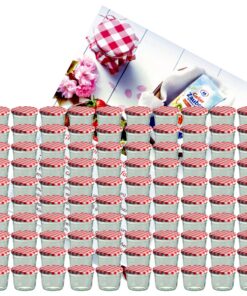 MamboCat Marmeladenglas 100er Set 230ml rot karierter Deckel inkl. Diamant-Zucker & Gelierzauber Rezeptheft