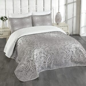 ABAKUHAUSDamast Tagesdecke Set Grau Königliche Paisley-Muster Waschbar für Doppelbetten 220 x 220 cm