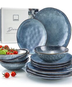 SÄNGER Steingut Geschirrset Darwin 12 Teile 4 Personen Handmade Blau PREMIUM